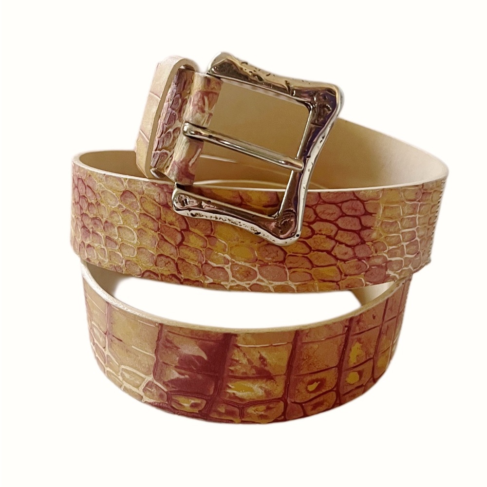 Garuglieri Mauve/Beige Croc-Embossed Leather Belt